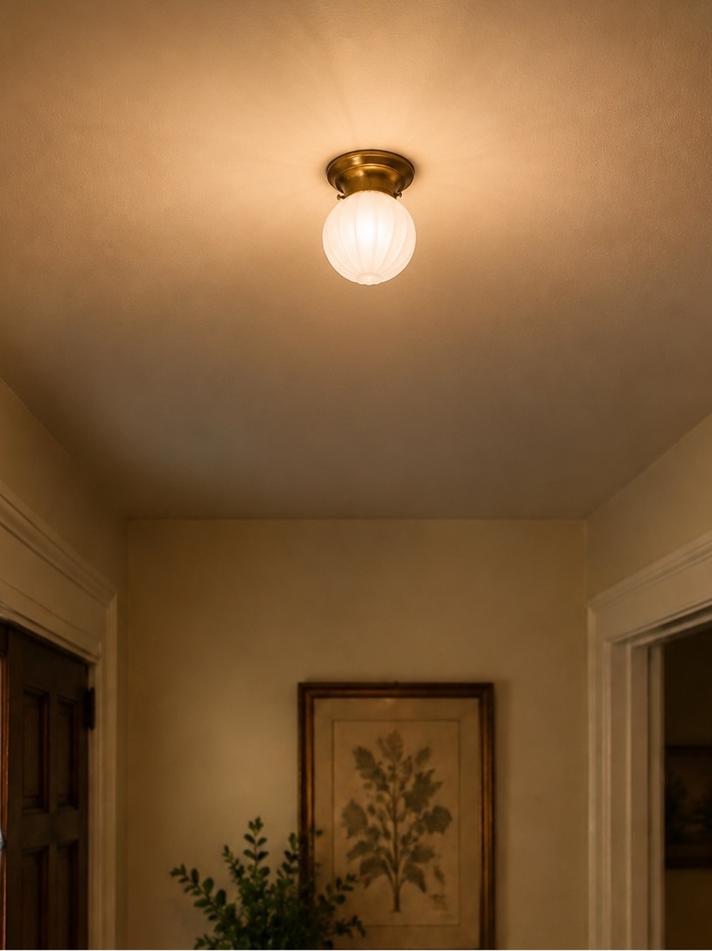 Vintage Ribbed Milk Glass Globe Ceiling Light Brass Tone Flush Mount Fixture
